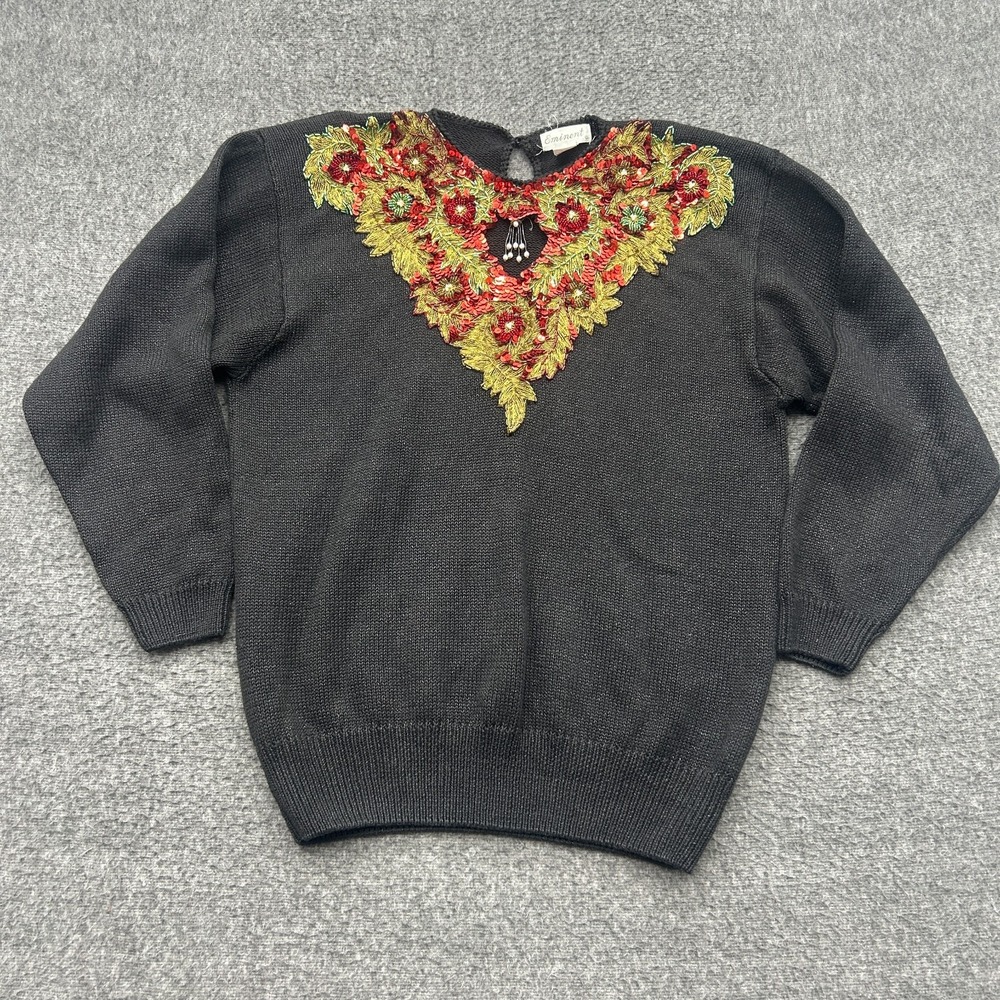 Eminent Sweater Womens L Black Maximalist Beaded Sequins Floral Christmas